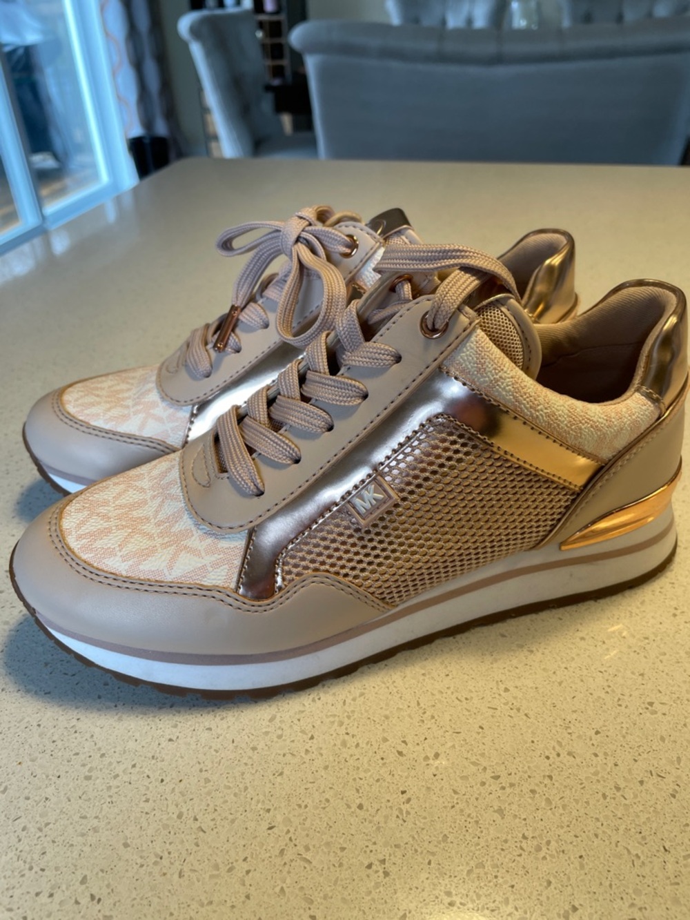 Michael Kors Women's Rose Gold and Beige Mesh Lace-Up Sneakers